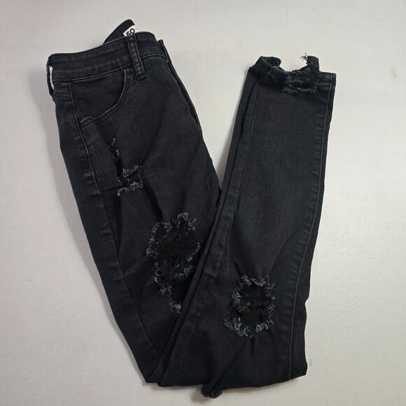 SO Jegging Juniors 7 / 28 Black Super High Rise Curvy Destroyed Button - Picture 10 of 16